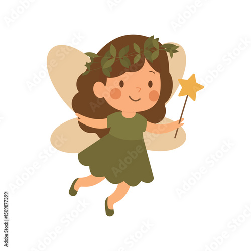 Children's style. Flat vector illustration in . Cute flying forest fairy with a magic wand.