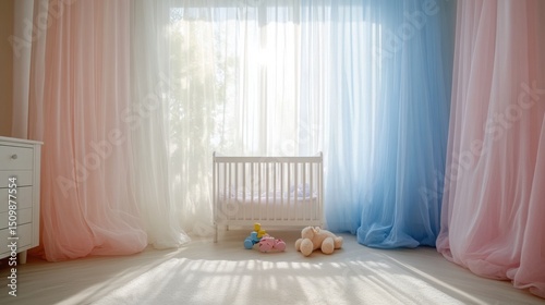 Nursery room with pastel pink and blue decor, a white crib in the background, plush toys on the floor, light coming through sheer curtains, a cozy atmosphere