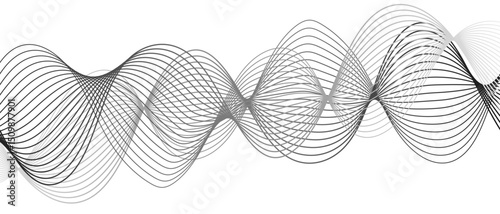 Abstract modern background with smooth, flowing waveforms formed and fine parallel lines. Dynamic gradient effect. Curves overlap and intertwine with varying transparency, sense of depth, rhythm