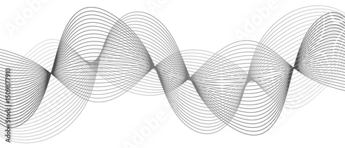 Abstract modern background with smooth, flowing waveforms formed and fine parallel lines. Dynamic gradient effect. Curves overlap and intertwine with varying transparency, sense of depth, rhythm