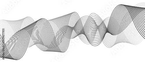 Abstract modern background with smooth, flowing waveforms formed and fine parallel lines. Dynamic gradient effect. Curves overlap and intertwine with varying transparency, sense of depth, rhythm