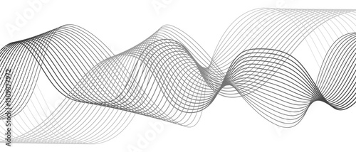 Abstract modern background with smooth, flowing waveforms formed and fine parallel lines. Dynamic gradient effect. Curves overlap and intertwine with varying transparency, sense of depth, rhythm