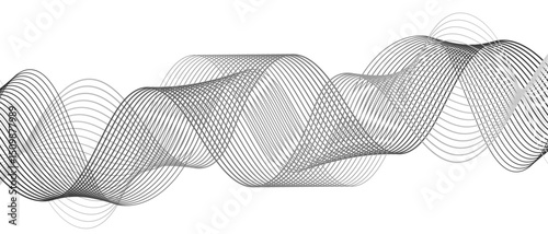 Abstract modern background with smooth, flowing waveforms formed and fine parallel lines. Dynamic gradient effect. Curves overlap and intertwine with varying transparency, sense of depth, rhythm