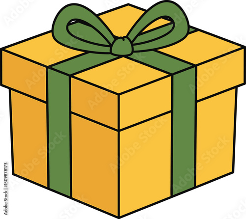 a gift box, a present, a wrapped package, a box with a bow, a yellow cubical box, a festive gift, a holiday present
