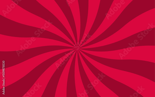 Abstract bold, radial burst background with deep red and dark crimson wavy rays spiraling central focal point. Symmetrical, hypnotic sunburst effect, with curved lines and dynamic sense of motion 