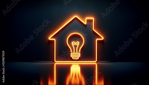 A neon outline of a house with a glowing bulb symbolizes energy efficiency and smart home technology.
