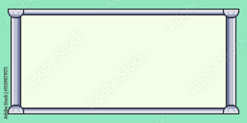 Ancient Roman Blank Sign Frame on Cyan Background, Wide Pixel Art Style Illustration Template