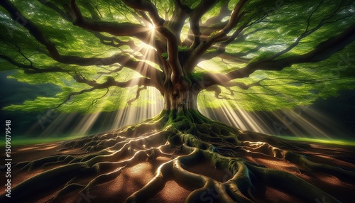 A majestic tree with sprawling roots and sunlight filtering through its lush, green leaves.
