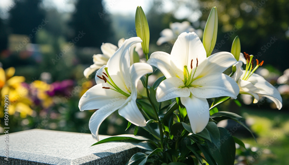 Obraz premium White lilies on tombstone outdoors. Funeral