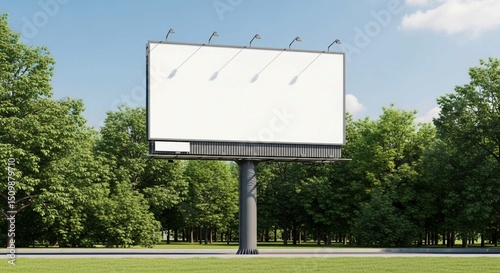 Large vacant billboard providing clear ad space amidst green park trees.
