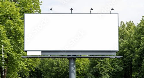 Clean, white advertising billboard ready for design, against a natural tree background.
