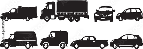 Vehicle Silhouette Array: A detailed illustration of various vehicle silhouettes, capturing the essence of transport and mobility in a clean and graphic style.