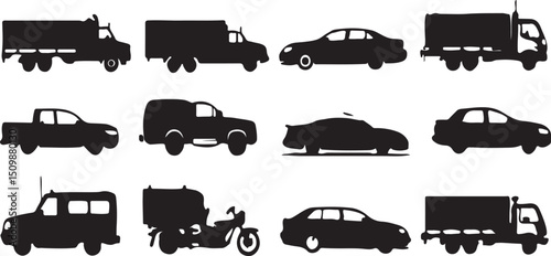 Silhouetted Vehicles Collection: A monochromatic assortment of vehicles silhouetted against a clean backdrop, presenting a variety of transport options, from delivery trucks to sleek sedans.