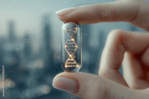 genome editing concept. Glass capsule with DNA strand held by a finger in soft focus.