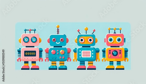 A line of vibrant robotic designs is on display, showcasing futuristic creativity and innovation.
