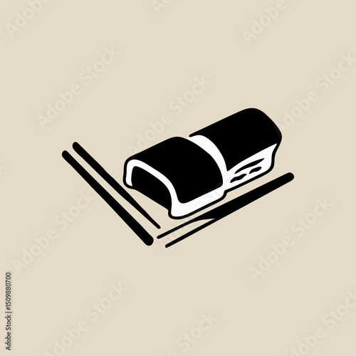 A contemporary logo with a sushi piece and chopsticks, highlighting freshness and authenticity in a clean, modern design.