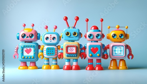 This is a vibrant and playful arrangement of futuristic toy figures in a balanced composition that conveys creativity and imagination.
