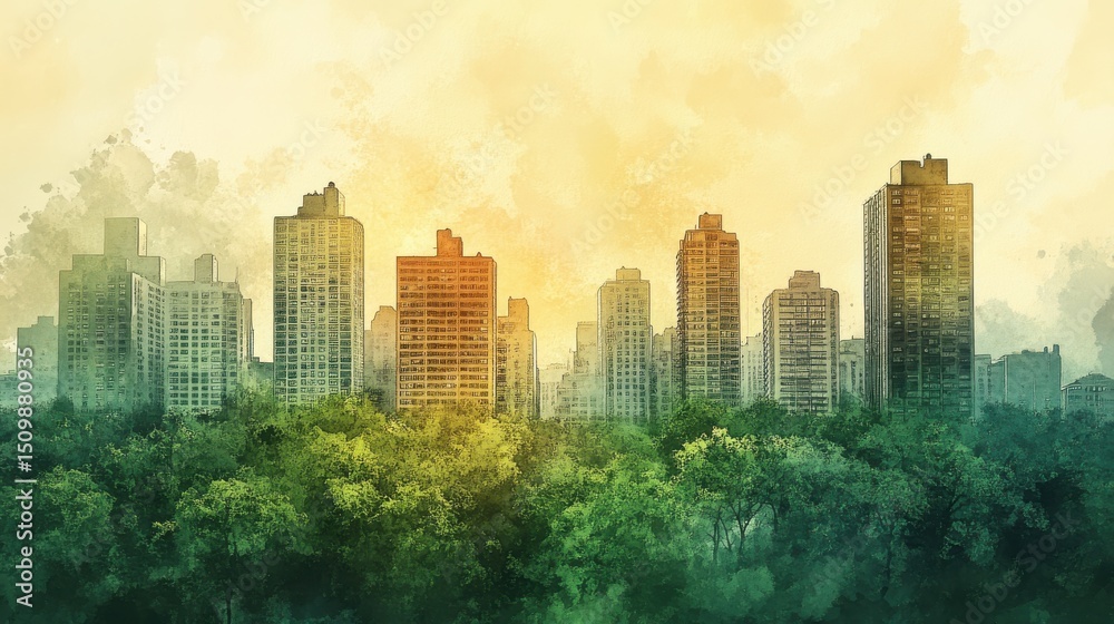 Tranquil Cityscape Watercolor Painting at Sunrise Tranquil Cityscape Watercolor Painting at Sunrise