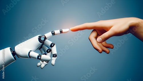 The image of human and robot hands reaching out to touch each other symbolizes the connection between humanity and technology.

