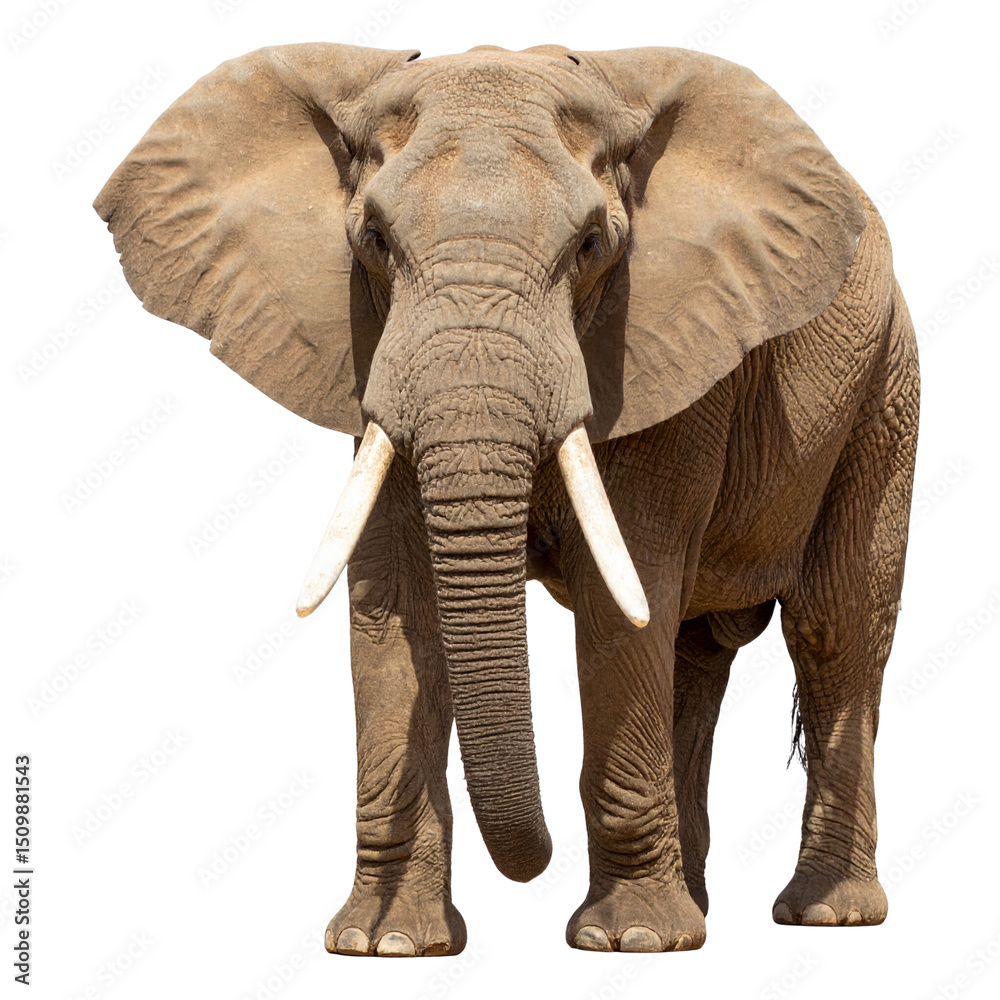 Fototapeta premium Wild African elephant with large tusks and trunk isolated on white
