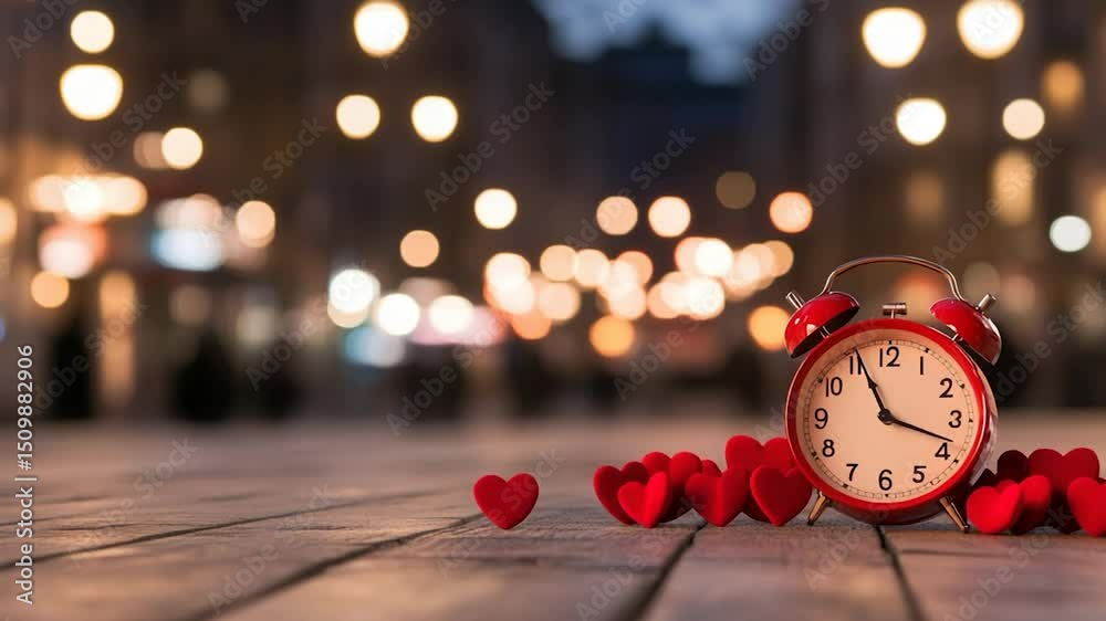 Red clock and hearts on wood with bokeh background time symbol