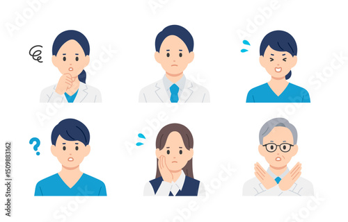 ネガティブな医者･看護師･医療事務の男女上半身セット【人物ベクターイラスト素材】