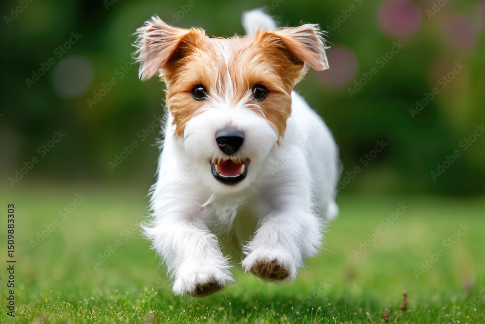 Playful dog running across a lawn. Playful dog running across a lawn.
