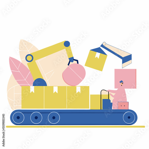 Conveyor belt industrial machine parcel moving equipment automation factory worker box robotic arm shipping?A modern factory scene with conveyor belt robotic arms and worker moving parcels