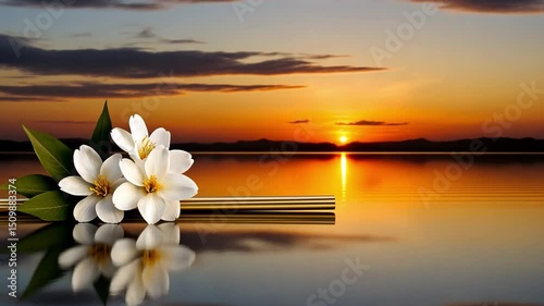 Serene Sunset Over Calm Water with White Flowers and Green Leaves in Tranquil Nature Landscape