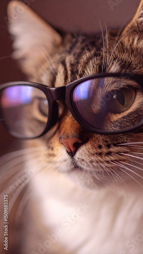 Adorable tabby cat wearing glasses intellectual animal portrait