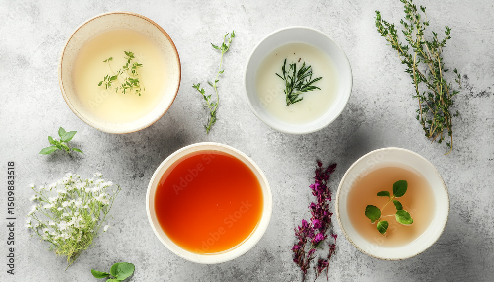 Tasty broth and different cream soups in bowls Tasty broth and different cream soups in bowls