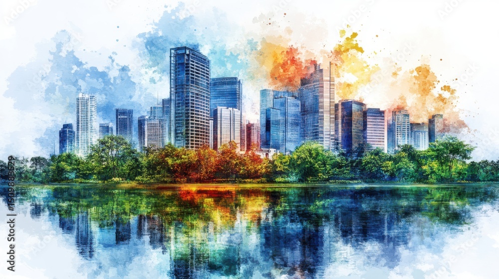 Fototapeta premium Vibrant Cityscape Watercolor Painting with Green Park Reflection