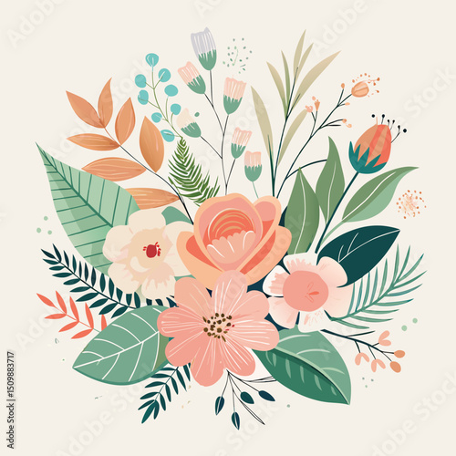 Hand-Drawn Black and Colored Floral Bouquet Illustrations – Botanical Clip art Set for Coloring Pages, Invitations, and Craft Design. Wildflower line art bouquets set, botanical vector illustration.