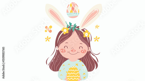 Adorable Child in Bunny Ears Holds Easter Egg, Spring Festive Fun, Happy Kid, Easter Celebration,   