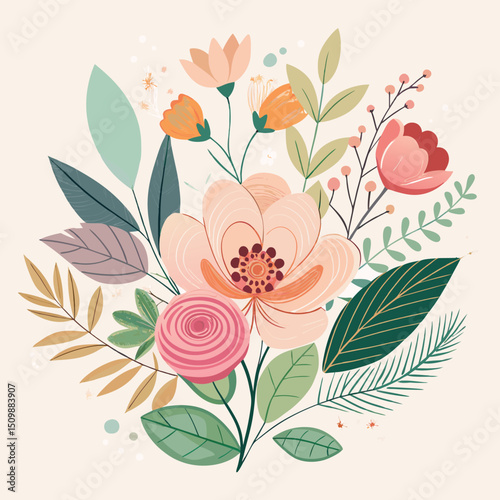 Hand-Drawn Black and Colored Floral Bouquet Illustrations – Botanical Clip art Set for Coloring Pages, Invitations, and Craft Design. Wildflower line art bouquets set, botanical vector illustration.