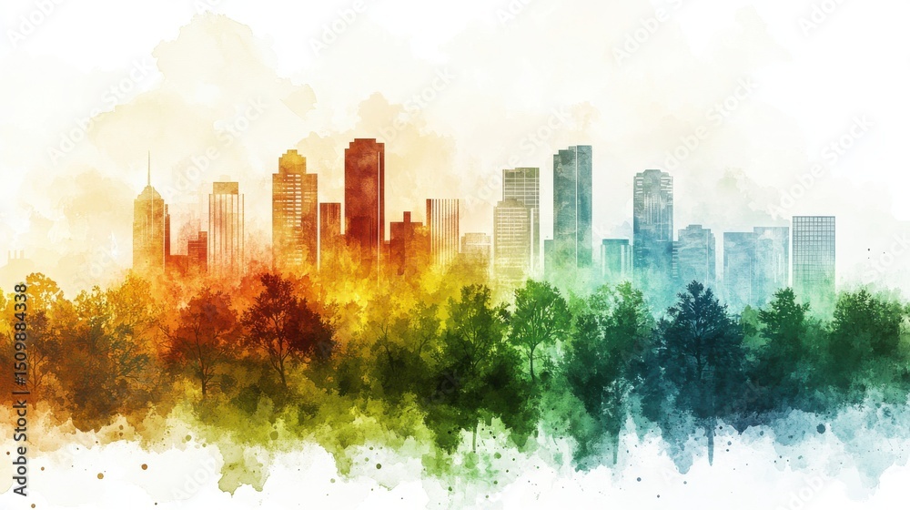 Obraz premium Vibrant Watercolor Cityscape with Lush Green Trees