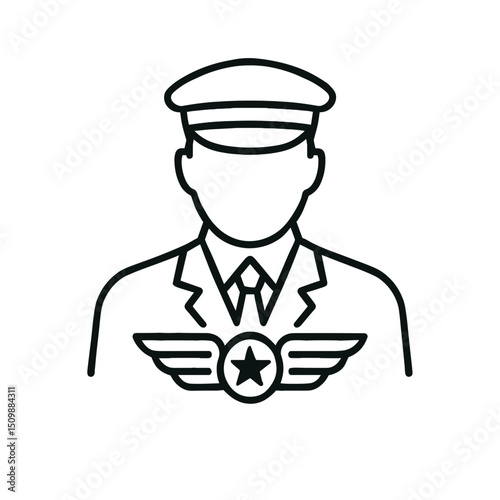 Outline icon of professional airline pilot in uniform with aviation badge