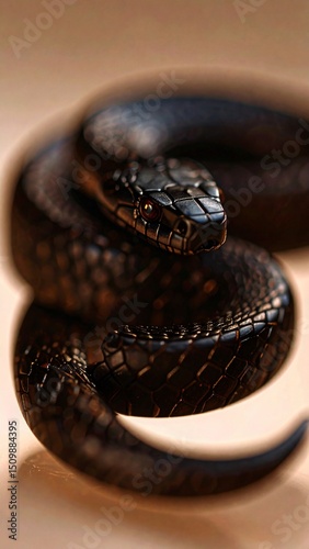 Closeup of a coiled black snake scales texture detail