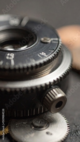Closeup vintage camera lens mechanism gears and aperture