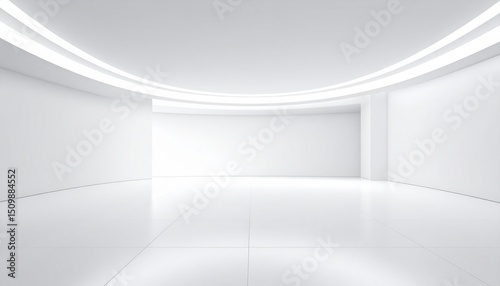 プレゼン・バナー・合成に使える真っ白な室内背景Minimal white empty room with clean floor and walls – abstract background