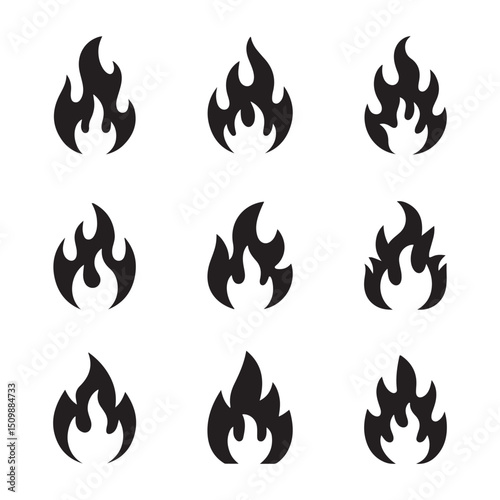 A fiery set of orange and red flame vector icons, symbolizing hot burning heat and danger