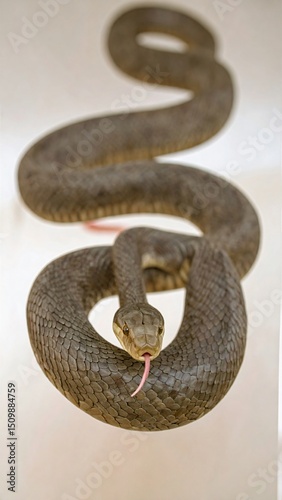 Coiled brown snake with pink tongue isolated on white background