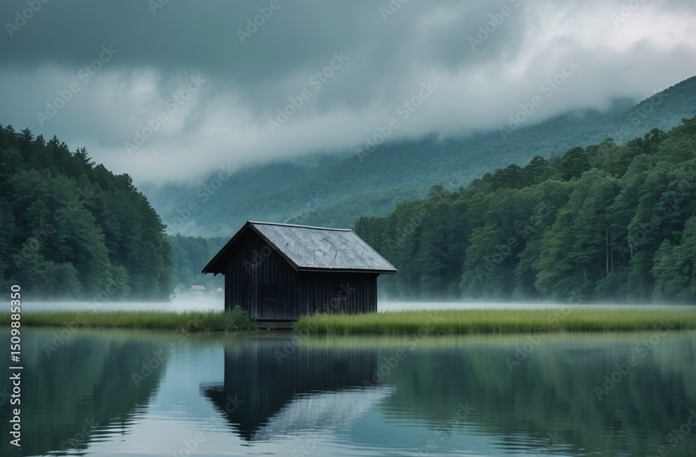 Fototapeta premium idyllic cabin by a misty lake surrounded by lush green forest