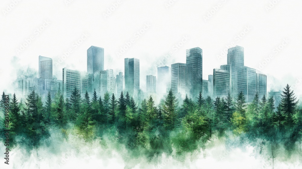 Fototapeta premium Watercolor City Skyline Emerging from Lush Forest