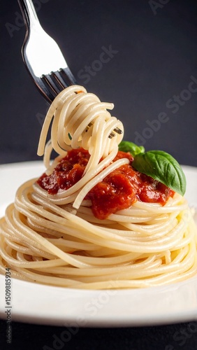Delicious spaghetti with marinara sauce and fresh basil