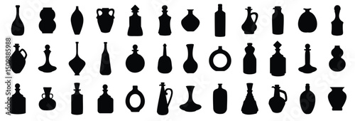 Bottle and jug silhouette collection. Oil, potion, alcohol, perfume black bottle silhouette. Set of black jug silhouette, vector