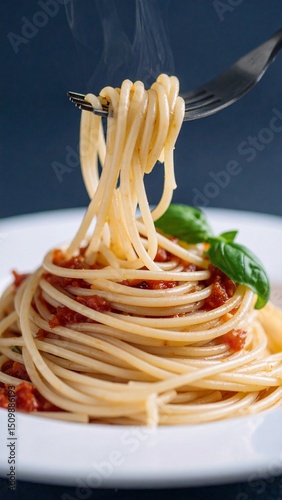 Delicious steaming spaghetti with tomato sauce and basil