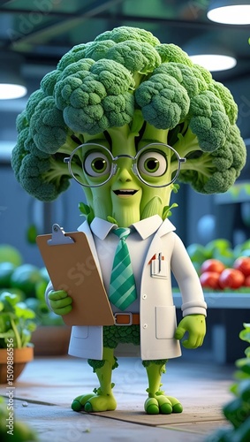 A cheerful broccoli character dressed as a scientist, holding a clipboard in a lab setting surrounded by vegetables, combining health and science with a fun twist.