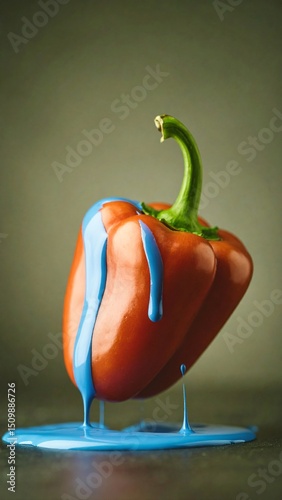 Dripping blue paint on a red bell pepper