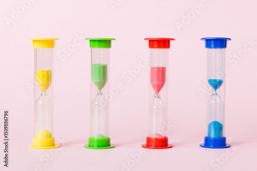 hourglass on the table, sand clock as time passing concept for business deadline, copy space